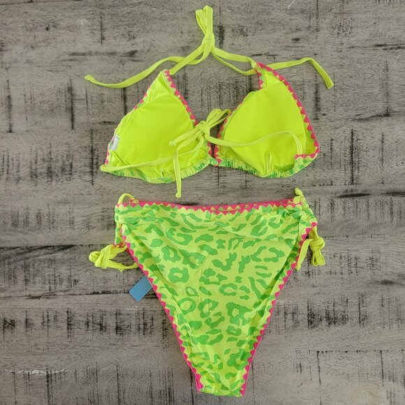 Popvil Lime Green Cheetah Triangle Top and High Rise 2 piece Bathing Suit - Picture 4 of 8